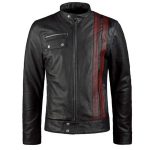 BLACK BIKER LEATHER JACKET WITH RED STRIPES
