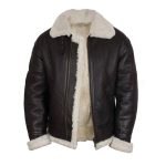 BLACK BOMBER FUR COLLAR FAUX SHEARLING LEATHER JACKET