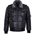 BLACK BOMBER FUR COLLARED LEATHER JACKET