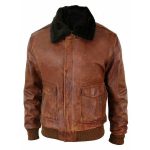 BLACK FUR COLLAR AVIATOR BROWN REAL LEATHER JACKET