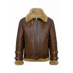 BROWN AVIATOR FUR SHEARLING GENUINE LEATHER JACKET