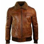 BROWN BOMBER FUR COLLAR GENUINE LEATHER JACKET