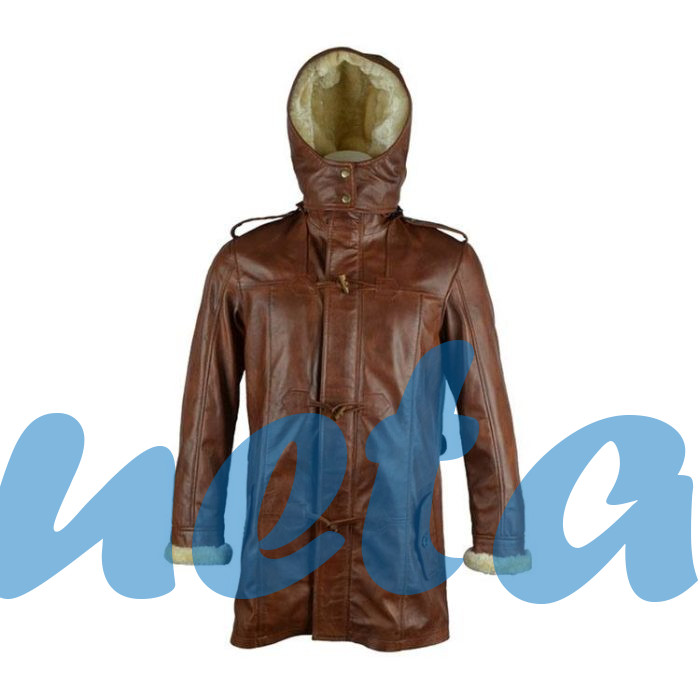 BROWN HOODED LEATHER LONG COAT - Image 1
