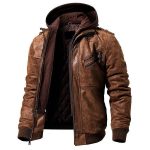 DISTRESSED BROWN HOODED LEATHER JACKET