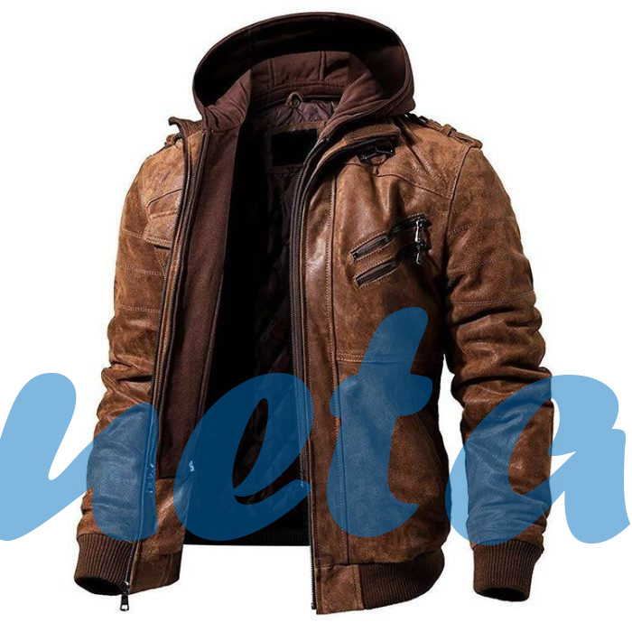 DISTRESSED BROWN HOODED LEATHER JACKET | JACKET WORLD DISTRESSED BROWN HOODED LEATHER JACKET - Image 1