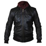 HOODED BLACK BIKER LEATHER JACKET