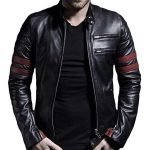 MEN BLACK BIKER LEATHER JACKET WITH RED STRIPES
