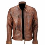 MEN QUILTED BROWN BIKER LEATHER JACKET