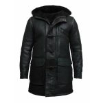MEN’S BLACK DUFFLE FUR HOODED LEATHER COAT