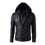 MEN’S BLACK HOODED BIKER LEATHER JACKET