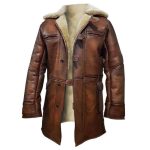 MEN’S BROWN FAUX SHEARLING LONG LEATHER COAT