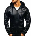 MEN’S HOODIE BLACK CAFE RACER LEATHER JACKET