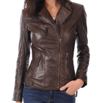 NOTCH LAPEL COLLAR BROWN BIKER LEATHER JACKET