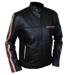 RED AND WHITE STRIPE BLACK LEATHER JACKET