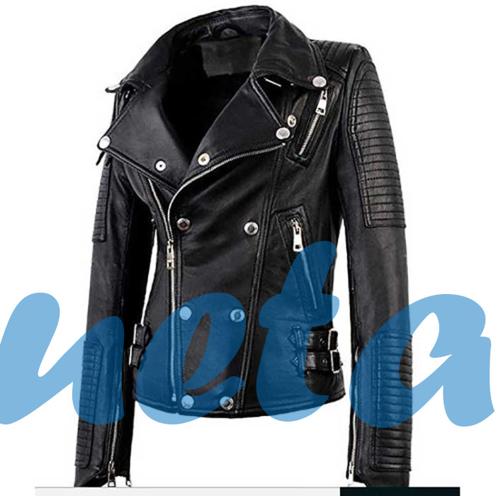 WOMEN BLACK BIKER GENUINE SHEEPSKIN LEATHER JACKET - Image 1