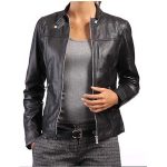 WOMEN BLACK BIKER SLIM FIT CAFE RACER LEATHER JACKET