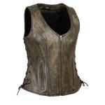 WOMEN DISTRESSED BROWN BIKER LEATHER VEST