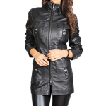 WOMEN’S BLACK SLIM FIT LEATHER LONG COAT | JACKET WORLD