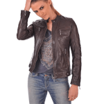 WOMEN’S BROWN BIKER SLIM FIT LEATHER JACKET