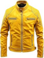 Chaqueta Men’s Yellow Leather Jacket – Genuine Leather Slim Fit Biker Moto Coat – Stylish Casual Outerwear