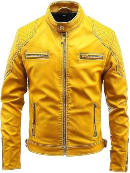 Chaqueta Men’s Yellow Leather Jacket – Genuine Leather Slim Fit Biker Moto Coat – Stylish Casual Outerwear