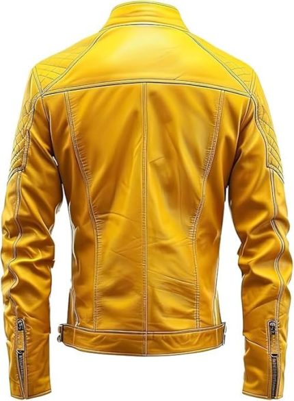 Chaqueta Men’s Yellow Leather Jacket – Genuine Leather Slim Fit Biker Moto Coat – Stylish Casual Outerwear Back