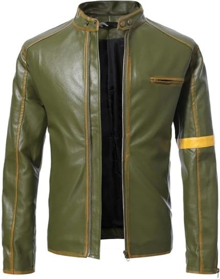 Men Genuine Green Leather Jacket Front