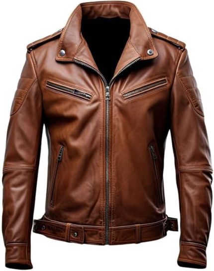 Men’s Brown Genuine Leather Jacket - Premium Jacket Front