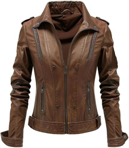 Women’s Brown Genuine Leather Jacket - Premium Jacket Front2