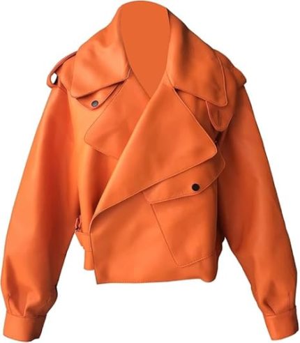 Women’s Orange Genuine Leather Jacket - Premium Jacket Front