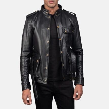 Men’s Black Genuine Leather Jacket With Belted Waist Front 2