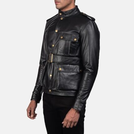 Men’s Black Genuine Leather Jacket With Belted Waist Side