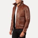 Men’s Brown Flap Pockets Leather Bomber Jacket Side (1)