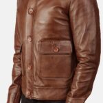 Men’s Brown Flap Pockets Leather Bomber Jacket Side