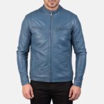 Men’s Ionic Blue Geniune Leather Jacket Front (1)