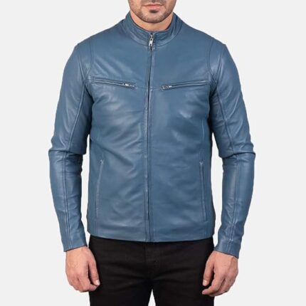 Men’s Ionic Blue Geniune Leather Jacket Front (1)
