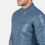 Men’s Ionic Blue Geniune Leather Jacket Front (2)