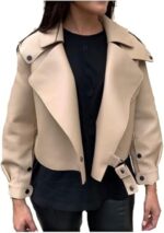 Women’s Beige Oversized Leather Jacket front