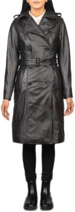Women’s Black Genuine Long Leather Jacket Fornt