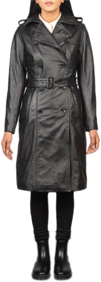 Women’s Black Genuine Long Leather Jacket Fornt