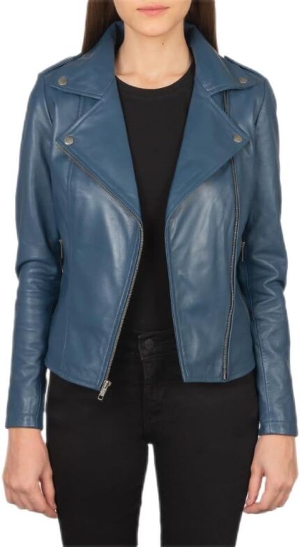 Women’s Blue Genuine Leather Jacket Front