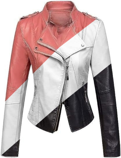 Women’s Pink & White & Black Genuine Leather Jacket All