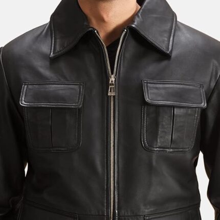 men’s black geniune leather jacket Front