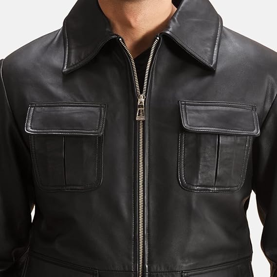 men’s black geniune leather jacket Front men’s black geniune leather jacket Front