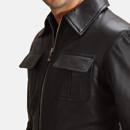 men’s black geniune leather jacket Front2